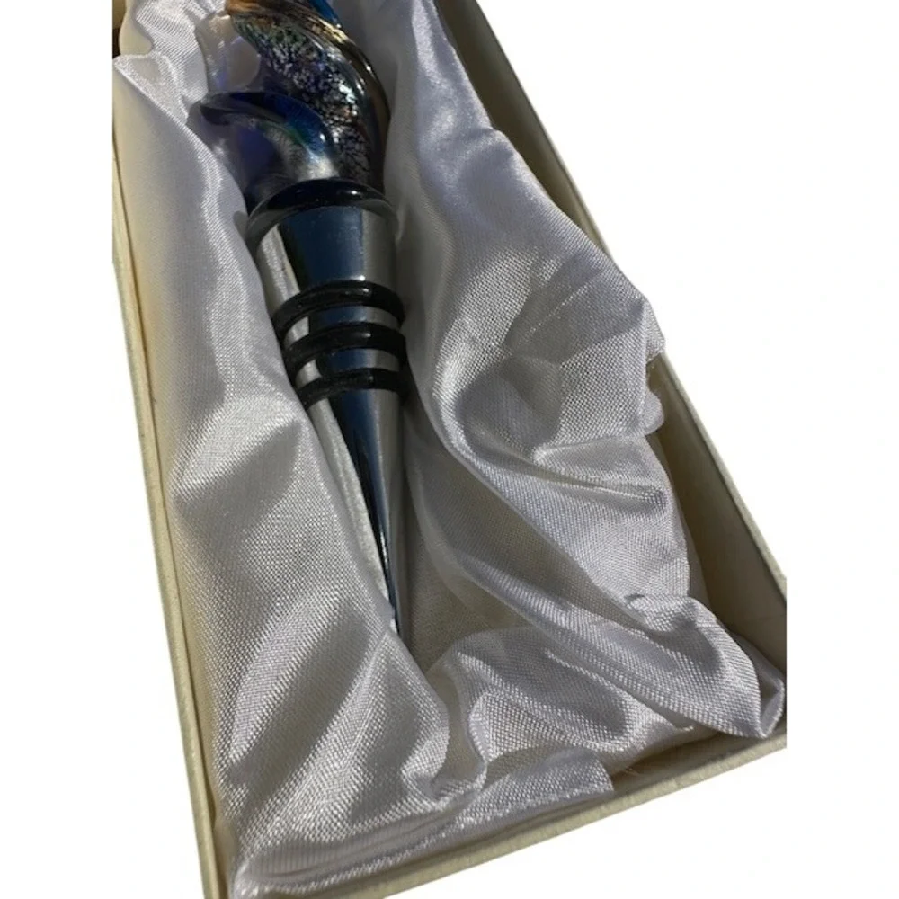 Hand Blown Art Glass‎ Wine Bottle Stopper Blue Silver Swirl Chrome Base with Box